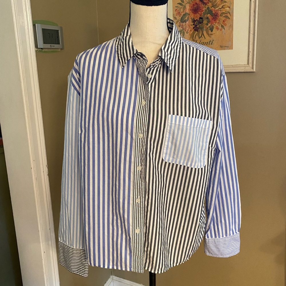 Talbots Boyfriend Shirt - Blue & Gray Poplin Button Down - Mixed Stripe L - Picture 3 of 12